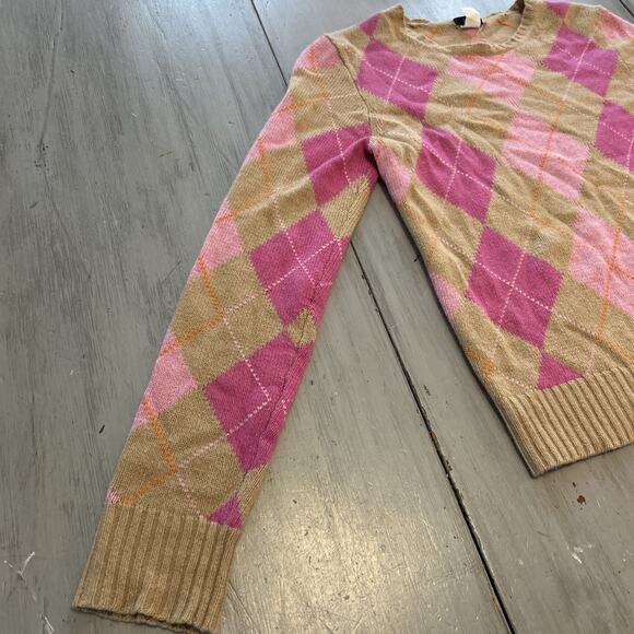 J Crew Tan Pink Argyle Sweater Women’s Sz S Merino Wool Angora Academia Preppy - Picture 2 of 7